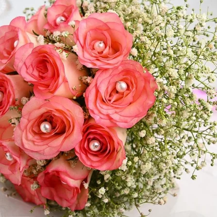 Elegant Pink Roses Bouquet with White Gypsophila Hand-Tied in Satin Ribbon – friflora