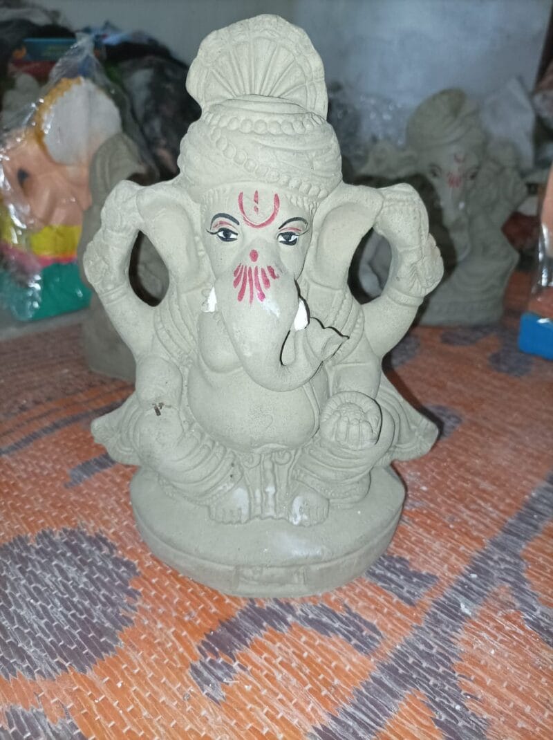 Buy Ganesh Ji Clay Idol (6 to 12 Inches) handcrafted with eco-friendly materials. Perfect for Ganesh Chaturthi, home decor, and puja rituals. Available in multiple sizes.